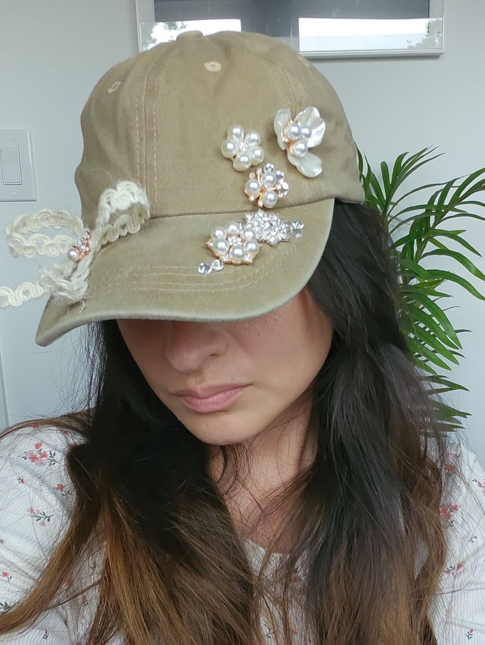 Embellished Khaki Baseball Cap with Pearl Floral Accents
